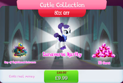 Size: 1270x857 | Tagged: safe, imported from derpibooru, rarity, pony, unicorn, alternate hairstyle, alternate timeline, book, bundle, bush, clothes, costs real money, english, female, gameloft, gem, horn, hourglass, key of unfettered entrance, mare, mobile game, my little pony: magic princess, night maid rarity, nightmare takeover timeline, numbers, official, sale, solo, text