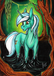 Size: 4912x6984 | Tagged: safe, artist:stirren, imported from derpibooru, lyra heartstrings, goo, pony, unicorn, absurd file size, absurd resolution, cavern, fanart, female, mare, solo, sternocleidomastoid, stuck, traditional art, tree