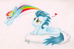 Size: 1098x728 | Tagged: safe, artist:wolfinka84, imported from derpibooru, rainbow dash, soarin', pegasus, pony, blushing, cloud, crush, duo, female, floating heart, flying, heart, male, mare, on a cloud, rainbow trail, shipping, simple background, smiling, soarindash, stallion, straight, traditional art