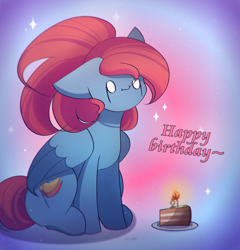 Size: 2400x2500 | Tagged: safe, artist:miryelis, imported from derpibooru, oc, oc only, oc:rainven wep, pegasus, pony, cake, candle, crying, food, gradient background, happy birthday, long hair, sitting, smiling, solo, sparkles