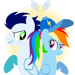 Size: 1400x1400 | Tagged: safe, artist:mlplary6, imported from derpibooru, rainbow dash, soarin', pegasus, pony, cap, duo, female, hat, looking at each other, looking at someone, male, mare, ponytail, shipping, simple background, smiling, smiling at each other, soarindash, stallion, straight