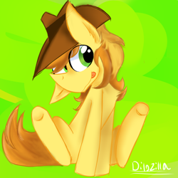 Size: 1024x1024 | Tagged: safe, artist:alandisc, imported from derpibooru, braeburn, pony, :p, hat, male, missing accessory, signature, simple background, sitting, solo, tongue out