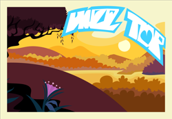 Size: 8000x5562 | Tagged: safe, artist:lahirien, imported from derpibooru, friendship university, .svg available, absurd resolution, background, flower, hill, no pony, postcard, river, scenery, sun, sunset, tree, vector, water, written equestrian
