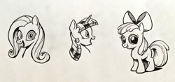 Size: 1024x481 | Tagged: safe, artist:mellodillo, imported from derpibooru, apple bloom, fluttershy, twilight sparkle, earth pony, pegasus, pony, unicorn, female, filly, foal, looking at you, mare, monochrome, open mouth, open smile, smiling, smiling at you, traditional art, trio, unicorn twilight