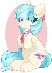 Size: 1379x1920 | Tagged: safe, artist:cinnamontee, imported from derpibooru, coco pommel, earth pony, pony, cocobetes, colored eyebrows, commission, cute, eye clipping through hair, eyebrows, eyebrows visible through hair, female, mare, sitting, smiling, solo