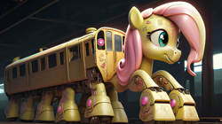 Size: 1456x816 | Tagged: safe, imported from derpibooru, fluttershy, object pony, original species, pony, robot, robot pony, train pony, ai content, ai generated, not salmon, solo, species swap, train, wat