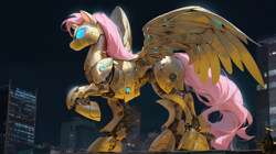 Size: 1820x1020 | Tagged: safe, imported from derpibooru, fluttershy, pegasus, pony, robot, robot pony, ai content, ai generated, city, concave belly, female, flutterbot, giant pony, macro, mare, night, night sky, outdoors, raised hoof, roboticization, side view, sky, slim, solo, spread wings, standing, thin, wings