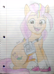 Size: 2308x3148 | Tagged: safe, artist:dust, derpibooru exclusive, imported from derpibooru, sunny starscout, earth pony, pony, bag, buttons, colored, colored pencil drawing, female, g5, lined paper, mane stripe sunny, pencil drawing, smiling, solo, traditional art