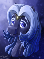 Size: 3000x4000 | Tagged: safe, artist:stardustspix, imported from derpibooru, oc, oc:kyanite arc, pegasus, pony, :3, abstract background, blue coat, blue eyes, blue mane, bust, colored eyebrows, colored eyelashes, eyebrows, eyebrows visible through hair, glowing, glyph, gradient mane, high res, lineless, male, portrait, solo, stallion, sternocleidomastoid