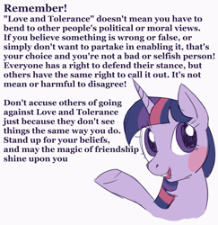 Size: 2835x2920 | Tagged: safe, artist:lolicoom, imported from derpibooru, twilight sparkle, pony, unicorn, bust, colored, flat colors, high res, looking at you, love and tolerance, love and tolerate, mouthpiece, politics, public service announcement, purple text, raised hoof, simple background, sketch, smiling, solo, text, unicorn twilight, wall of text, white background