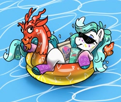Size: 3344x2807 | Tagged: safe, artist:opalacorn, imported from derpibooru, discord, oc, oc only, earth pony, pony, commission, drink, drinking, drinking straw, female, floaty, high res, inner tube, lying down, mare, mountain dew, mountain dew baja blast, on back, pool toy, solo, sunglasses, taco bell, water, ych result