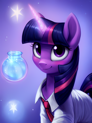 Size: 1152x1536 | Tagged: safe, artist:darbarri, imported from derpibooru, twilight sparkle, pony, unicorn, ai assisted, ai content, blushing, bust, clothes, cute, gradient background, looking at you, necktie, portrait, shirt, smiling, solo