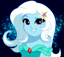 Size: 945x843 | Tagged: safe, artist:rosemile mulberry, imported from derpibooru, trixie, human, equestria girls, breasts, broach, busty trixie, clothes, detailed eyes, dress, eyebrows, female, hairpin, looking at you, raised eyebrow, smiling, smiling at you, solo, stars, updated design