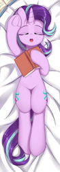 Size: 1700x4818 | Tagged: safe, artist:wkirin, imported from derpibooru, starlight glimmer, pony, unicorn, body pillow, book, cute, eyes closed, female, frog (hoof), glimmerbetes, high res, mare, open mouth, sleeping, solo, underhoof