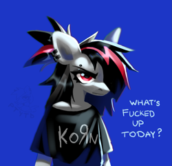Size: 1399x1346 | Tagged: safe, artist:rtootb, imported from derpibooru, oc, oc only, oc:era, anthro, pegasus, big ears, black clothes, blue background, clothes, colored sketch, ear piercing, eyebrow piercing, female, half body, korn, mare, multicolored hair, pegasus oc, piercing, red eyes, shading, shading practice, simple background, sketch, solo, text, tired, vulgar, vulgar description