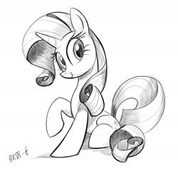 Size: 2134x2049 | Tagged: safe, artist:brdte, imported from derpibooru, rarity, pony, unicorn, female, grayscale, looking at you, mare, monochrome, signature, simple background, sitting, smiling, smiling at you, solo, white background