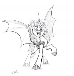 Size: 1918x1956 | Tagged: safe, artist:brdte, imported from derpibooru, alicorn, bat pony, bat pony alicorn, pony, bat wings, clothes, facial hair, grayscale, horn, kirk hammett, looking at you, metallica, monochrome, moustache, open mouth, open smile, ponified, raised hoof, simple background, smiling, smiling at you, solo, spread wings, vest, white background, wings