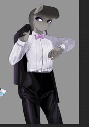 Size: 1056x1502 | Tagged: safe, artist:aztrial, imported from derpibooru, octavia melody, anthro, earth pony, bowtie, clothes, jacket, pants, shirt, solo, tuxedo, unamused