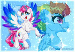 Size: 3080x2140 | Tagged: safe, artist:missbramblemele, imported from derpibooru, rainbow dash, zipp storm, pegasus, pony, g5, older, older rainbow dash, open mouth