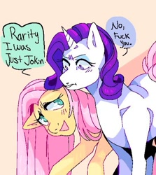 Size: 547x612 | Tagged: safe, artist:maplewozapi, imported from derpibooru, fluttershy, rarity, pegasus, pony, unicorn, angry, comic, cropped, dialogue, duo, eyes closed, female, flarity, grin, lesbian, out of context, shipping, smiling, tsundere, tsunderity, vulgar