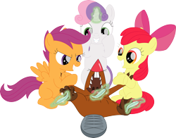 Size: 3567x2802 | Tagged: safe, artist:porygon2z, imported from derpibooru, apple bloom, scootaloo, sweetie belle, beaver, earth pony, pegasus, pony, unicorn, angry beavers, crossover, cutie mark crusaders, daggett doofus beaver, feather, grin, laughing, magic, simple background, smiling, telekinesis, tickling, transparent background