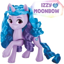 Size: 836x843 | Tagged: safe, imported from derpibooru, part of a set, izzy moonbow, pony, unicorn, female, g5, horn, merchandise, my little pony: make your mark, official, rainbow celebration, simple background, solo, style of the day, text, toy, unshorn fetlocks, white background