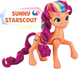 Size: 925x829 | Tagged: safe, imported from derpibooru, part of a set, sunny starscout, earth pony, pony, braid, female, g5, mane stripe sunny, merchandise, my little pony: make your mark, official, rainbow celebration, simple background, solo, style of the day, text, toy, unshorn fetlocks, white background