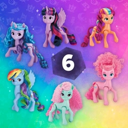 Size: 1024x1024 | Tagged: safe, imported from derpibooru, izzy moonbow, minty, pinkie pie, rainbow dash, sunny starscout, twilight sparkle, alicorn, earth pony, pegasus, pony, unicorn, afro, bangs, braid, brushable, curly hair, curly mane, cute, female, g3, g4, g4 to g5, g5, generation leap, horn, mane stripe sunny, merchandise, mintabetes, minty (g5), multicolored hair, multicolored mane, my little pony: make your mark, official, rainbow background, rainbow celebration, rainbow hair, raised hoof, ringlets, style of the day, toy, twilight sparkle (alicorn), unshorn fetlocks, wings
