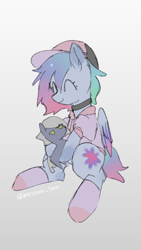Size: 1080x1920 | Tagged: safe, artist:metaruscarlet, imported from derpibooru, oc, oc only, oc:galaxy (pegasus), pegasus, pony, cap, choker, clothes, cute, eyes closed, female, hat, ocbetes, pegasus oc, plushie, short hair, signature, simple background, smiling, socks, solo