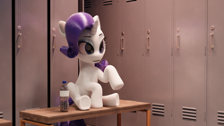 Size: 3840x2160 | Tagged: safe, anonymous artist, imported from derpibooru, rarity, pony, unicorn, 3d, 3d model, female, gachimuchi, locker room, lockers, mare, open mouth, render, renderman, sitting, solo, water bottle