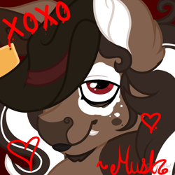 Size: 1000x1000 | Tagged: safe, artist:woofpoods, imported from derpibooru, screencap, oc, oc:hushknack, cow, cow pony, pony, autograph, cowboy hat, curly hair, curly mane, hat, photo, red eyes, smiling, smirk