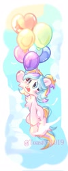 Size: 816x2048 | Tagged: safe, artist:toast091019, imported from derpibooru, oc, oc only, oc:oofy colorful, pony, unicorn, balloon, cheek fluff, chest fluff, cloud, female, floating, fluffy, hooves, horn, open mouth, open smile, ponytail, sky, smiling, solo, sun, unicorn oc, unshorn fetlocks