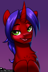 Size: 2000x3000 | Tagged: safe, artist:jedayskayvoker, imported from derpibooru, oc, oc only, oc:xeon ripper, pony, unicorn, bust, chest fluff, colored sketch, commission, flirting, gradient background, hooves, hooves to the chest, horn, icon, looking at you, male, portrait, raised eyebrows, sketch, smiling, smiling at you, solo, stallion, unicorn oc