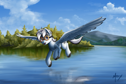 Size: 6000x4000 | Tagged: safe, artist:supermoix, imported from derpibooru, oc, oc only, oc:dark tempest, alicorn, pony, alicorn oc, cloud, commission, cute, digital art, flying, forest, goggles, horn, lake, large wings, looking at you, male, mountain, open mouth, open smile, reflection, scenery, smiling, smiling at you, solo, stallion, tree, water, wings