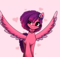 Size: 1776x1680 | Tagged: safe, artist:_alixxie_, imported from derpibooru, pegasus, pony, spoiler:bridlewoodstock, spoiler:my little pony: make your mark chapter 4, colored wings, female, flower, flower in hair, g5, mare, my little pony: make your mark, my little pony: make your mark chapter 4, ruby jubilee, smiling, solo, spread wings, two toned wings, wings