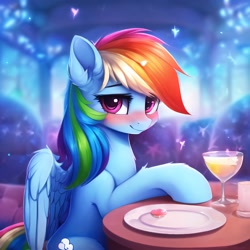 Size: 2560x2560 | Tagged: safe, imported from derpibooru, rainbow dash, pegasus, pony, abstract background, ai content, ai generated, blushing, cute, drink, female, food, generator:novelai, generator:stable diffusion, high res, looking at you, mare, prompter:endless--, sitting, smiling, smiling at you, solo, spread wings, table, tail, wings