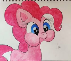 Size: 1496x1285 | Tagged: safe, artist:engi, imported from derpibooru, pinkie pie, earth pony, pony, cheek bulge, cute, diapinkes, eyelashes, female, missing cutie mark, photo, ponk, puffy cheeks, signature, simple background, solo, traditional art, watercolor painting