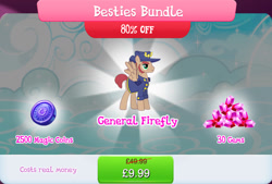 Size: 1268x857 | Tagged: safe, imported from derpibooru, general firefly, pegasus, pony, bundle, clothes, costs real money, english, gameloft, gem, hat, magic coins, male, mobile game, my little pony: magic princess, numbers, official, sale, sideburns, solo, spread wings, stallion, text, wings