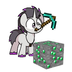 Size: 1000x1000 | Tagged: safe, artist:sugar morning, imported from derpibooru, oc, oc only, oc:haze rad, pony, unicorn, animated, cute, emerald ore, gif, highlights, horn, loop, male, minecraft, mining, mohawk, mouth hold, perfect loop, pickaxe, simple background, solo, stallion, sugar morning's miners, transparent background, unicorn oc