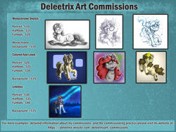 Size: 2000x1500 | Tagged: safe, artist:deleetrix, imported from derpibooru, pony, advertisement, bust, colored, commission, commission info, commissions open, commissions sheet, digital art, full body, half body, lineless, monochrome, portrait, shading, sketch, traditional art
