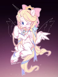 Size: 1080x1440 | Tagged: safe, artist:toast091019, imported from derpibooru, oc, oc only, pegasus, pony, bow, gradient background, hair bow, one eye closed, pegasus oc, ribbon, smiling, solo, spread wings, wings, wink