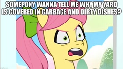 Size: 888x500 | Tagged: safe, edit, edited screencap, imported from derpibooru, screencap, earth pony, pony, spoiler:g5, spoiler:my little pony: tell your tale, spoiler:tyts01e23, another pony's trash, aqua teen hunger force, caption, carl brutananadilewski, g5, image macro, meme, my little pony: tell your tale, posey bloom, posey can't catch a break, reference, solo, text
