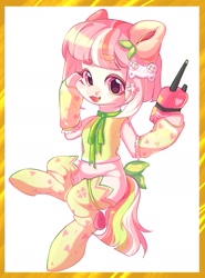 Size: 1371x1851 | Tagged: safe, artist:toast091019, imported from derpibooru, oc, oc only, earth pony, pony, border, clothes, controller, earth pony oc, radio, ribbon, simple background, socks, solo, tamagotchi, thigh highs, white background