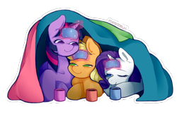 Size: 500x323 | Tagged: safe, artist:onionpwder, imported from derpibooru, applejack, rarity, twilight sparkle, pony, blanket, chocolate, cute, food, hot chocolate, jackabetes, raribetes, simple background, transparent background, trio, twiabetes