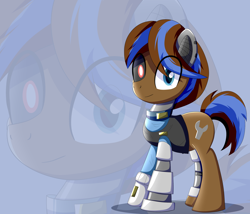 Size: 2000x1714 | Tagged: safe, artist:trackheadtherobopony, imported from derpibooru, oc, oc only, oc:rayson, cyborg, earth pony, clothes, looking at you, prosthetic eye, prosthetics, solo, zoom layer
