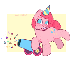 Size: 500x433 | Tagged: safe, artist:onionpwder, imported from derpibooru, pinkie pie, earth pony, pony, chubby, double chin, freckles, hat, jewelry, necklace, party cannon, party hat, solo