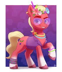 Size: 1600x1850 | Tagged: safe, artist:luminousdazzle, imported from derpibooru, sprout cloverleaf, earth pony, pony, bridlewoodstock, clothes, flower, flower in hair, g5, glasses, glowstick, gradient hooves, grin, hoof polish, looking at you, male, outfit, raised hoof, simple background, smiling, solo, stallion, sunglasses, unshorn fetlocks, vest