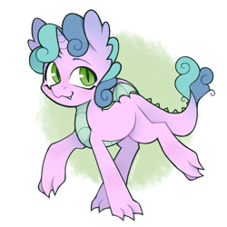 Size: 1000x1000 | Tagged: safe, artist:onionpwder, imported from derpibooru, dracony, dragon, hybrid, pony, unicorn, fusion:spike, fusion:sweetie belle, green eyes, hybrid fusion, scales, small wings, solo, wings