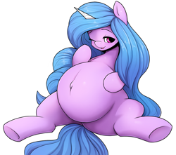 Size: 1357x1200 | Tagged: safe, artist:ahobobo, imported from derpibooru, izzy moonbow, pony, unicorn, belly, belly button, big belly, female, g5, izzy mombow, mare, one eye closed, outie belly button, pregnant, simple background, underhoof, white background