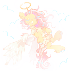 Size: 1280x1280 | Tagged: dead source, safe, artist:onionpwder, imported from derpibooru, fluttershy, pegasus, pony, clothes, cloud, cross, cross necklace, dress, eyes closed, halo, jewelry, necklace, open mouth, solo